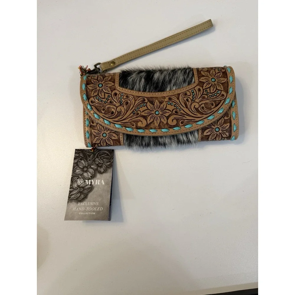 NWT Myra Bag Exclusive Hand Tooled Leather Cowhide Wristlet Wallet Turquoise